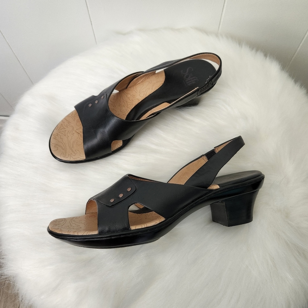 Sofft Black Leather 2" Kitten Heels Slingback Sandals